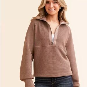 Varley Lismore Half Zip Pullover Ottoman Rib Sweatshirt Taupe Brown Medium